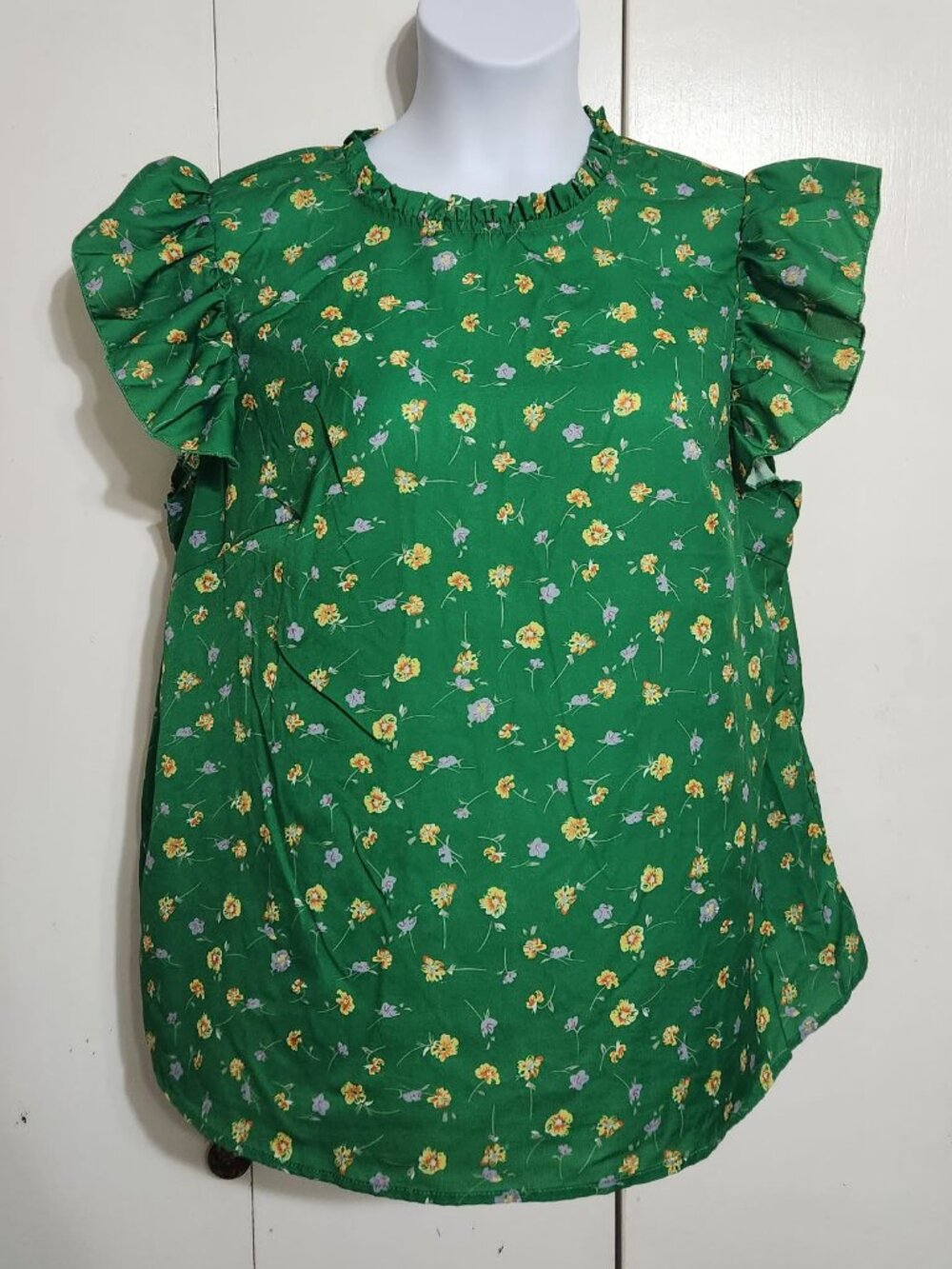 SHEIN Curve Womens 2XL Green Floral Ruffle Sleeve Mock Neck Cottage Blouse Top